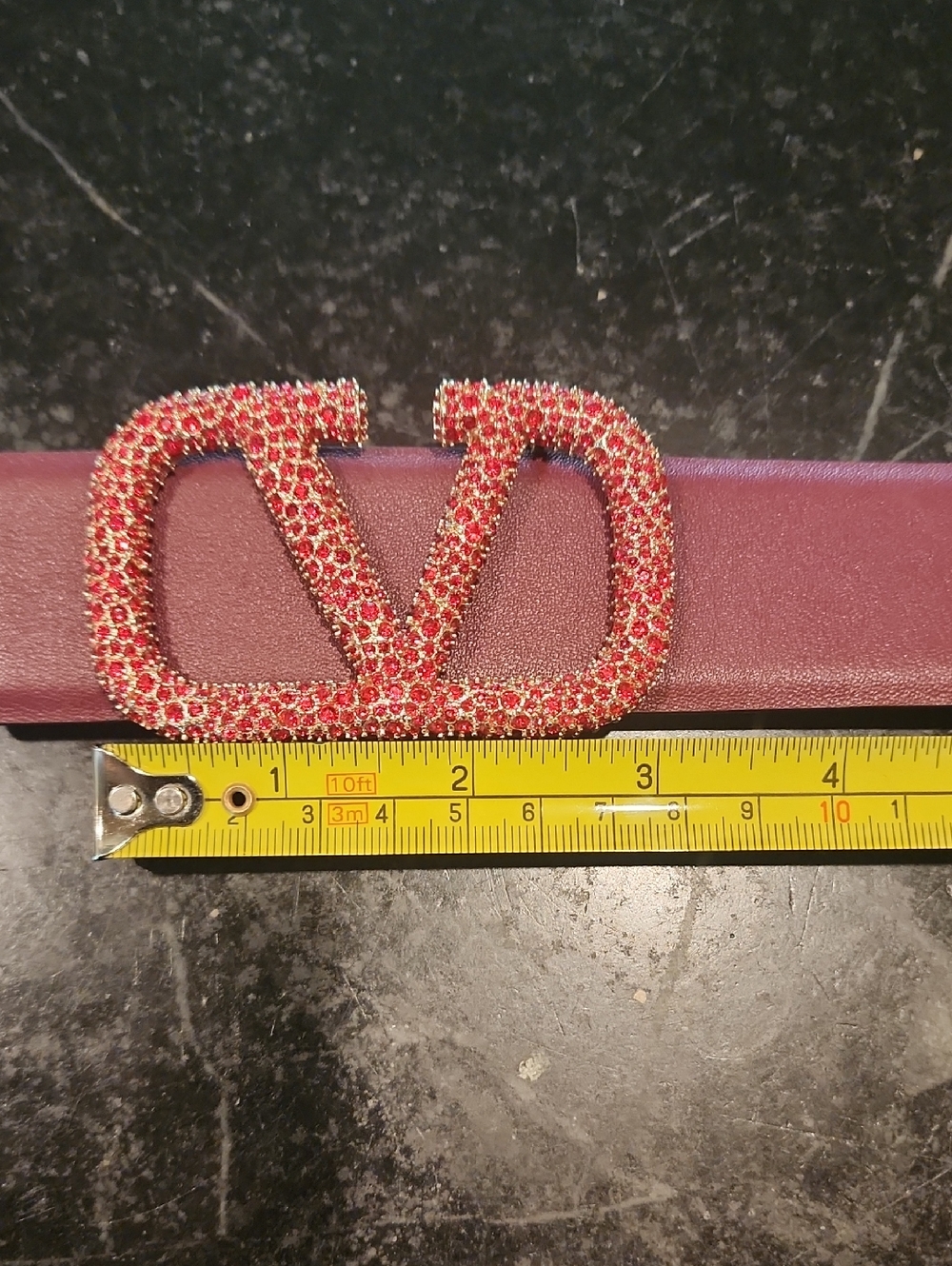 Red Crystal On Gold Logo Buckle Belt -Deep Burgundy Red Leather Designer Style - Picture 4 of 7